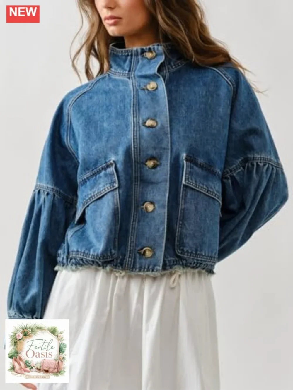 Womens Denim Bomber Jacket Balloon Sleeve Drawstring Waist Twill Coat with